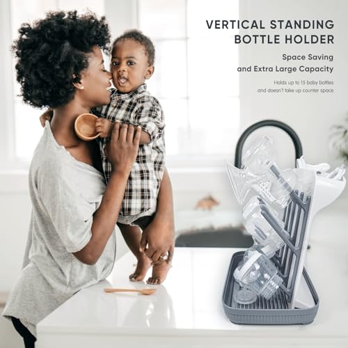 Termichy Baby Bottle Drying Rack: Vertical Bottle Dryer Rack Holder with Brushes Set- Drying Rack & Nipple Scrubber-Space Saving Standing Drying Rack for Baby Bottles and Pump Part Cleaning - color: Gray(with Brushes)