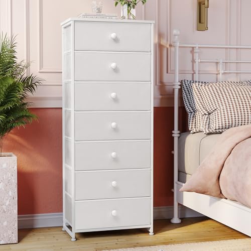 Crestlive Products Tall Dresser, 7-Drawer Fabric Storage Tower, Chests of Drawers - Vertical Organizer Unit for Bedroom, Hallway, Entryway, Nursery, Closets - Steel Frame, Wood Top & Handles (White) - color: White, style: Narrow-7 Drawers