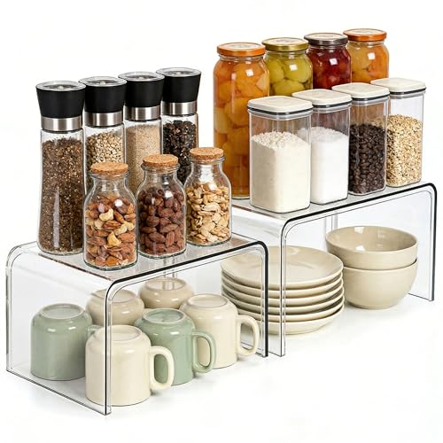 Clear Cabinet Organizer, Shelf Organizer Set of 2 for Kitchen Pantry Organizers and Storage, Display Cabinet Shelf Room Decor Countertop Desk Shelves, Patented Spice Organization for Cabinet - size: Set of 2