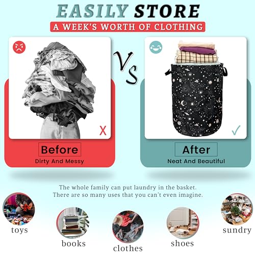Moon and Stars Laundry Basket Foldable With Handles Colorful Tote Bag Oxford Cloth Funny Galaxy Laundry Hamper Clothes Storage Bucket Toy Organizer 18.9"x16.5" For Bathroom/Laundry/Bedroom - color: Funny Moon and Stars Galaxy