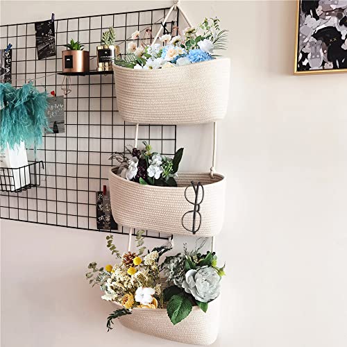 TeoKJ Over the Door Hanging Basket, 3-Tier Woven Cotton Wall-Mounted Storage Organizer Bag Decorative Hanging Nursery Baskets, White - color: White