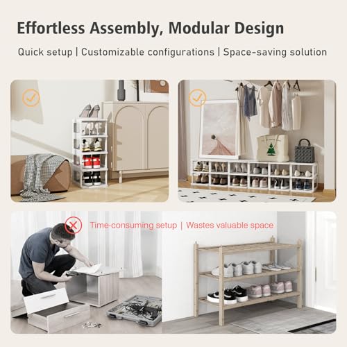 SEE SPRING 5-Tier Stackable Shoe Rack Organizer – Plastic Shoe Storage Shelf for Entryway, Closet, Bedroom – Holds Size 13 Shoes, Space-Saving & Sturdy (White) - color: White