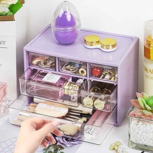 Desk Storage Organizer with 6 Mini Drawers, FODIENS Stackable Desktop Craft Drawer Cabinet, Clear Storage Box Caddy for Makeup Jewelry Office Craft Supplies (Purple) - color: Purple