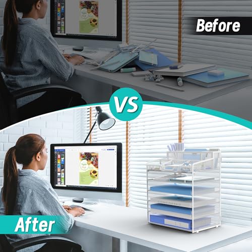 6 Tier Mesh Desk Organizer,Multi Functional Letter Paper Tray with 3 Pen Holders and 5 Adjustable Storage Compartments for Office Supplies Files and Mail Space Saving Desktop Organizer-White - color: 6 Tier-white