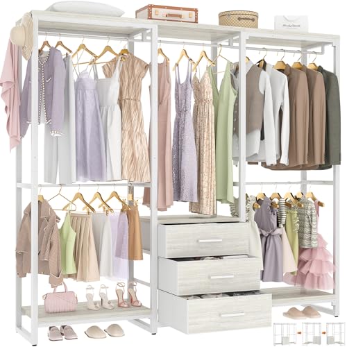 Aheaplus Garment Rack Heavy Duty Clothes Rack for Hanging Clothes,Clothing Racks with Drawers, Wood Stoarge Shelf Freestanding Closet Wardrobe, Corner L Shaped Closet System Organizers, White Oak - color: White Oak