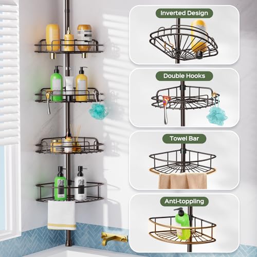 HAMITOR Shower Caddy Tension Pole: 4-Tier Rustproof Bathroom Corner Shelf Organizer for Renters - No Drill Large Shampoo Storage Rack Adjustable 47-121 Inch - Space Saving Bathtub Accessory - Bronze - color: Bronze