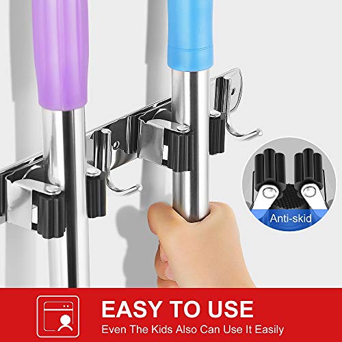 IMILLET 2 Pack Broom and Mop Holder Wall Mounted, Stainless Steel Broom Holder Mop Holder Self Adhesive Heavy Duty Hooks Storage Organizer for Home Laundry Room Garden Garage Closet Kitchen - color: 3 Racks with 4 Hooks, size: 2 Pack