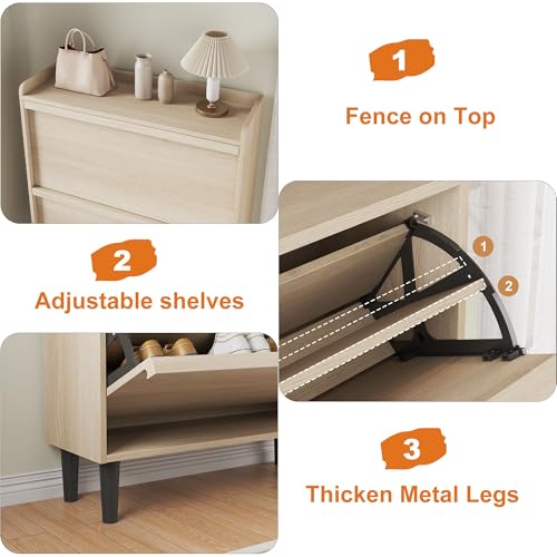 GarveeHome Shoe Cabinet with 2 Flip Drawers, Wooden Shoe Organizer Cabinet with Adjustable Shelf, Shoe Storage for Entryway, Hidden Shoe Cabinet for Hallway, Living Room, Natural Oak - color: Natural Oak, size: 2-Drawers