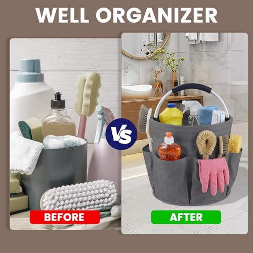 Cleaning Caddy with Handle and 6 Pockets, 17L Cleaning Supplies Organizer, 600D Oxford Fabric Storage Basket, Multifunctional Bucket Bag for Picnics, Camping, Gardening, Bathing (Grey) - color: Gray