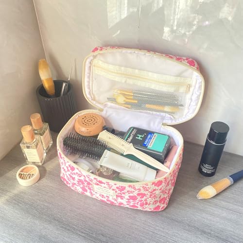 Pink Large Quilted Floral Makeup Bag Cute Soft Coquette Aesthetic Cosmetic Bag Cotton Travel Toiletry Bag for Women - color: A-Pink