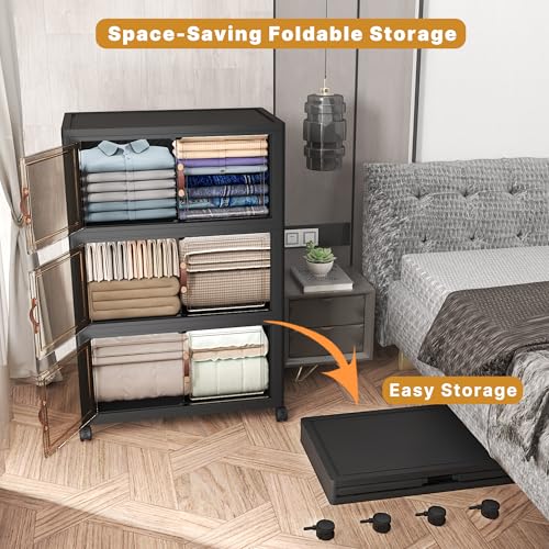 UAMFURI Extra Large Stackable Storage Bins with Lids & Wheels, 504QT-168QT/42GAL*3Pack Foldable Collapsible Closet Organizers Storage Cabinet with Doors for Bedroom Dorm - color: Black, size: 3PACK-30"W20"D50"H