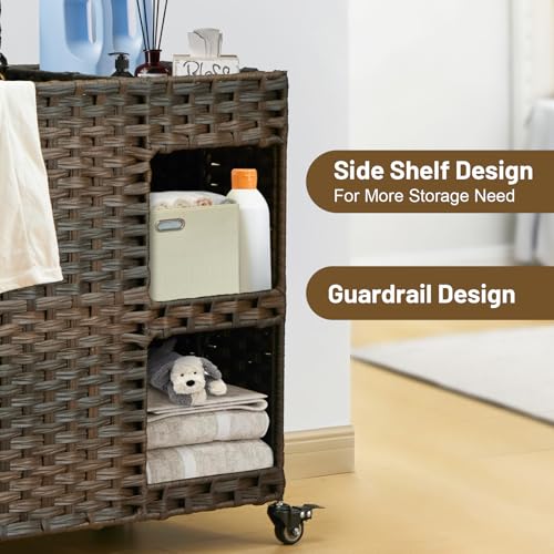 Laundry Hamper with Wheels, 42.3 Gal.(160 L) Laundry Sorter with Shelves, Rattan Clothes Hamper with 4 Removable Liners & 3 Mesh Bags, Handwoven Organizer for bedroom, bathroom, laundry room, Brown - color: Brown