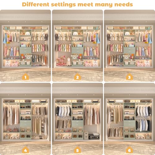 Closet System - 4.75-8FT Closet Organizer System with Wooden Drawers & Cube Storage Organizer, Up To 96" Closet Systems for Nursery & Walk-In Closets with Cuttable Hanging Shelving, Crab Green - color: Crab Green, size: 8 FT