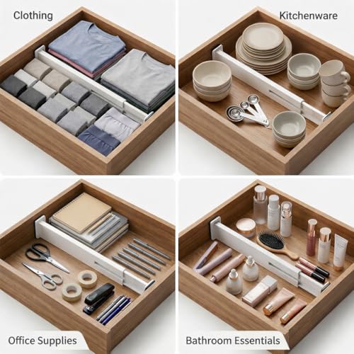 Adjustable Drawer Dividers – Expandable 14.7–21” Drawer Organizer with Non-Slip Ends, Easy Install for Kitchen, Dresser & Closet Storage (“White”)