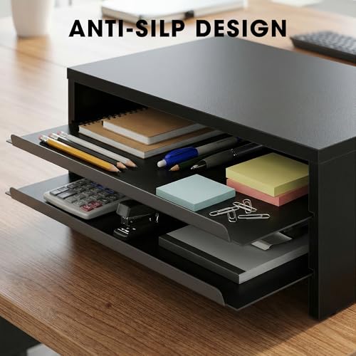 Fenge Monitor Stand, 3-Tier Monitor Riser with Slide-Out Tray, Wooden and Metal Desktop Organizer for Home Office, Computer, Laptop, Printer, Telephone - color: Black