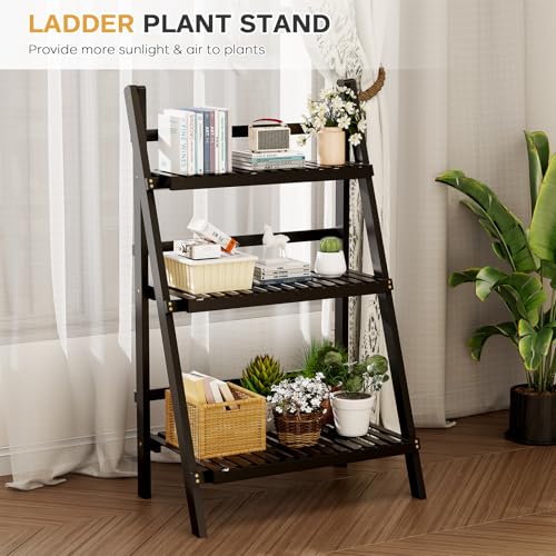 oakvivo 39.4" Foldable Plant Shelf Ladder Shelf, 3 Tier Bamboo Ladder Flower Pot Display Shelf, Freestanding Ladder Bookshelf for Garden, Balcony, Yard, Living Room, 23.6" W x 15" D x 39.4" H, Black - color: 3-Tier Black