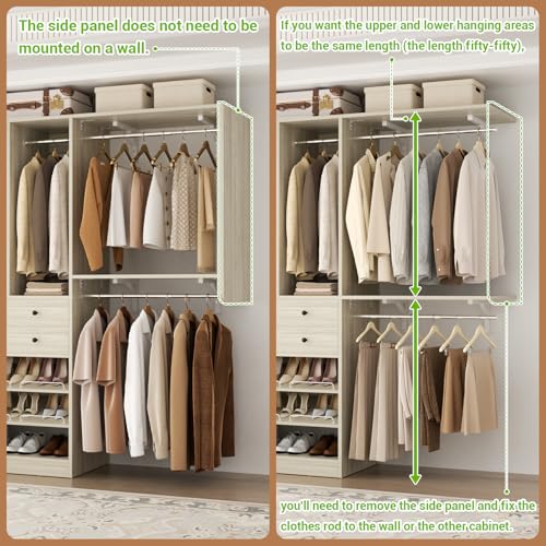 Besiost Closet System - 60"/92" Closet System with Drawers, 5FT/7.67FT Closet Organizer System with Reversible Hanging Shelving and Hanging Rods, for Small/Walk-in Closets, Greige Oak - color: Greige Oak, size: 5FT