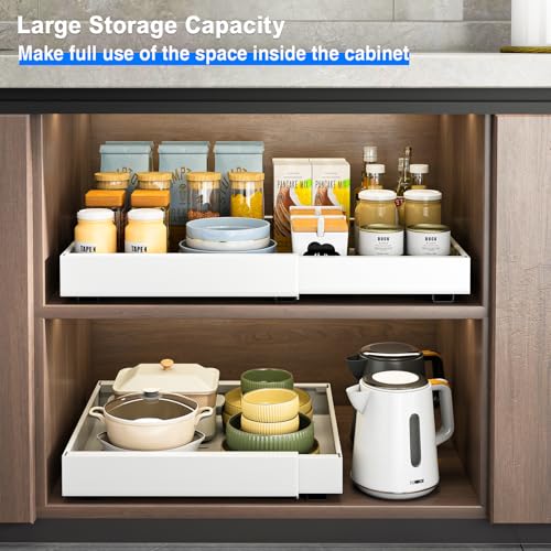Mustorn 2 Pack Pull Out Cabinet Organizer, Expandable Slide Out Drawers for Kitchen Cabinets Peel and Stick Pullout Drawer Heavy Duty Sliding Shelves for Cupboard, Pantry, Bathroom(16.5" Deep, White) - color: White, size: 16.5"D*(12.6-20.5"W)*2.95"H