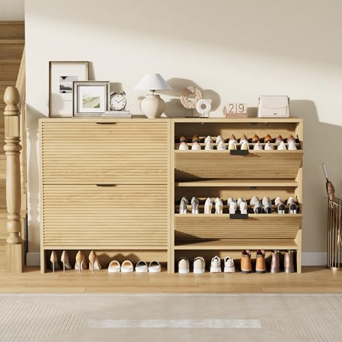 Garvee Shoe Storage Cabinet for Entryway, Fluted Shoe Cabinet with 2 Flip Drawers Doors, 32" Wide Hidden Shoe Rack Tall Freestanding Shoe Organizer for Entrance, Hallway, Living Room, Natural - color: Natural, size: 2 Drawers