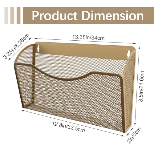 EasyPAG Wall File Organizer, Metal Mesh Hanging File Folder Holder for Letter/A4 Size Folders, Vertical Wall Mount Mail Sorter for Office Paperwork, Classroom, Gold - color: Gold