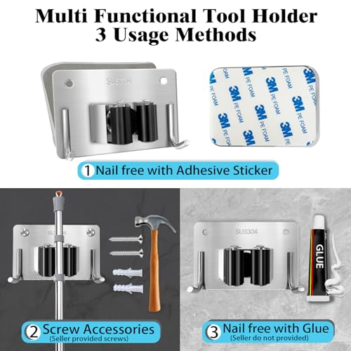 Mop and Broom Holder Wall Mount Stainless Steel 304 Tool Garage Organization Rack Scew and Self Adhesive Broom Hanger Heavy Duty 4pcs