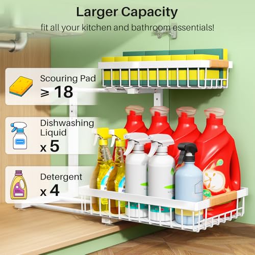 Kitstorack Under Sink Organizer, 2 Tier Under the Sink Storage, Slide out Pull out Cabinet Organizer Shelf, Metal Sliding Drawer for Kitchen Bathroom Pantry Closet Organization Rack, White, 1 Pack - color: White, size: 1 Pack