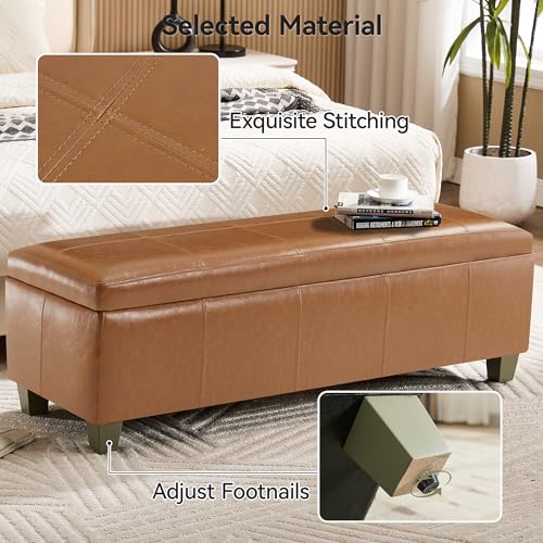 WUTUTUEE 51" Faux Leather Storage Ottoman, Stitch Tufted Rectangle Upholstered End of Bed Storage Bench, Entryway Large Couch Ottoman with Wooden Legs, Light Brown - color: Light Brown, size: 51 Inch