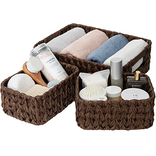 GRANNY SAYS Wicker Baskets for Organizing, Nesting Storage Baskets for Shelves, 1 Large and 2 Small Wicker Baskets Waterproof, Dark Brown, 3-Pack - color: Brown, size: 13"L x 9"W x 4"H + 2x 7¾"L x 5¾"W x 3½"H
