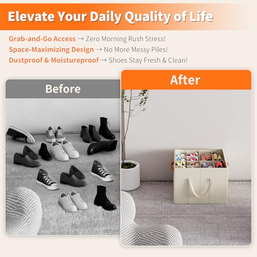 Aokeyee 2 Pack Shoe Organizer for Closet, Foldable Shoe Storage Organizer Box w/Clear Cover and Reinforced Handles, Space Saving Shoes Bin Fits up to 32 Pairs, Beige - color: Beige, size: Fits up to 32 Pairs
