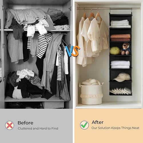 MAX Houser 6 Tier Shelf Hanging Closet Organizer, Closet Hanging Shelf with 2 Sturdy Hooks for Storage, Foldable (Black-D3) - color: Black-d3