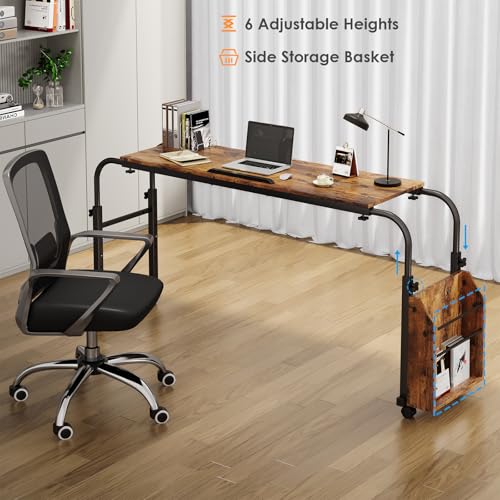 Arlopu Overbed Table with Wheels,60.6-84.2 inches Mobile Bed Desk,Rolling Computer Desk, Laptop Cart,W/0-65°Tilt Stand,4 Heights and 6 Lengths,Side Storage Basket,for Home,Office and Hospital (Brown) - color: Brown