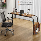 Arlopu Overbed Table with Wheels,60.6-84.2 inches Mobile Bed Desk,Rolling Computer Desk, Laptop Cart,W/0-65°Tilt Stand,4 Heights and 6 Lengths,Side Storage Basket,for Home,Office and Hospital (Brown) - color: Brown