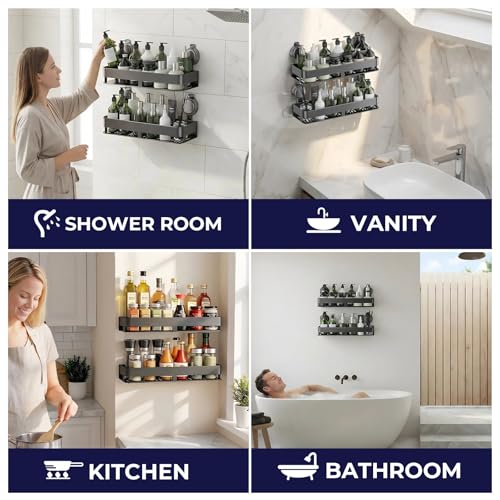 ONXE Shower Caddy Suction Cup,2 Pack Suction Shower Organizer,No Drilling Rustproof Shelves for Bathroom,Kitchen,Home Decor,Heavy Duty Bathroom Organizer with Large Capacity (11.8 inch-No bar) - size: 11.8 inch-No bar
