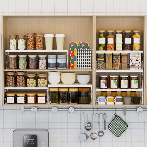 Stackable Expandable Metal Shelf Organizer - Adjustable Wire Storage Rack with Holes for Kitchen, Bathroom, Cabinet, Office - Space Saving, Durable & Sturdy Design（1PACK/Medium/White - color: 1pack/Medium/White, size: Medium