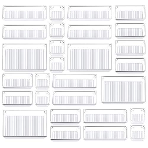 Kootek 28 Pcs Drawer Organizer Set, 4-Size Bathroom Vanity Trays Makeup Desk Dividers Versatile Storage Bins Clear Plastic Container for Dresser, Bedroom, Kitchen, Office