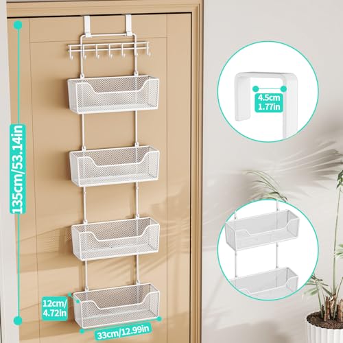 HapiRm Over Door Organizer Storage - Hanging Door Organizer with 4 Metal Large Capacity Baskets and Adjustable Coat Hook for Bathroom Bedroom Kitchen Pantry Closet Cabinet - color: White