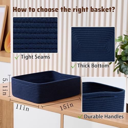 MiniArk Large Shallow Organizing Baskets 15x11x5.1 Inches - Rope Woven Storage Bins for Bathroom, Shelves, Cube Closet, Navy Blue 2 Packs - color: Navy Blue, size: 2pcs-L15×W11×H5.1"