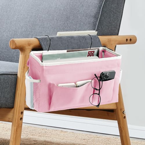 YOUDENOVA Bedside Caddy with 5 Pocket, Bedside Storage Organizer for College, Dorm Bed, Bunk Bed, Pink