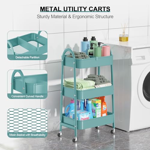 EAGMAK 3 Tier Utility Rolling Cart, Metal Storage Cart with Handle and Lockable Wheels, Multifunctional Storage Organizer Trolley with Mesh Baskets for Kitchen, Living Room, Office, Garage (Green) - color: Green, size: Normal