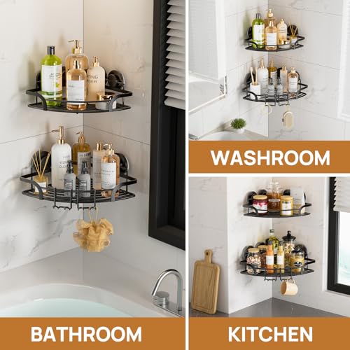 LEVERLOC 2 Pack Strong Suction Cup Corner Shower Caddy, Large Capacity Removable Bathroom Organizer, Stainless Steel Rustproof Shower Shelves with Hook, Drill-Free Wall Mounted Suction Basket, Black - style: Corner 90°, Black