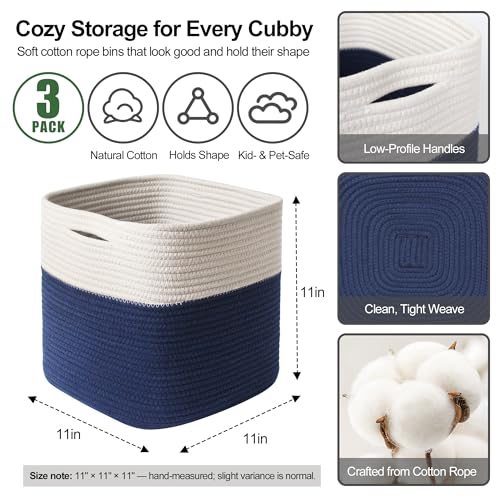 11x11 Cube Storage Bin - 3 Pack Woven Storage Cubes Organizer, 11 Inch Cotton Rope Baskets for Organizing, Decorative Square Shelf Baskets Closet Bins, Toy Boxes for Boy, Dark Blue Decor - color: Dark Blue