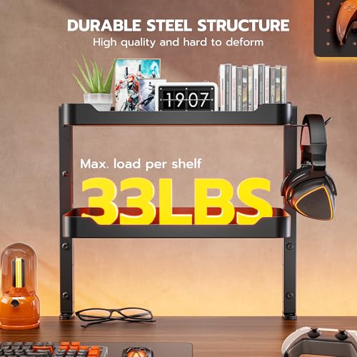 ARES WING 2-Tier Clamp On Desk Shelf, 16 inch Adjustable Above or Under Desk Storage Shelves Holds 66 lbs, Heavy Duty Desktop Organizer with Headphone Holder for Working and Gaming Accessories, Black - color: Black, size: Dual Shelf