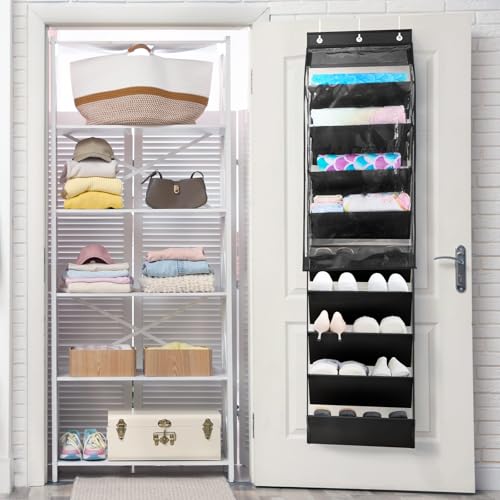WERNNSAI Over the Door Shoe Organizer with Clear Curtain Dustproof, 9-Shelf Shoe Rack, Deep Pockets Large Hanging Shoes Rack for Closet Door Dorm Bedroom Guest Room Black