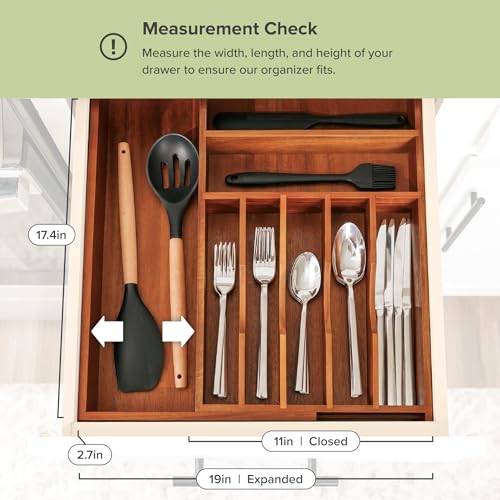 KitchenEdge Premium Silverware, Flatware and Utensil Organizer for Kitchen Drawers, Food-Safe Contract Grade, Expandable from 10.5 to 19 In, Natural Acacia - color: Natural Acacia, size: From 10.5" to 19" wide
