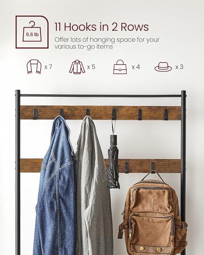 VASAGLE Coat Rack, Hall Tree with Shoe Storage Bench, Entryway Bench with Shoe Storage, 3-in-1, Steel Frame, for Entryway, 12.6 x 33.5 x 68.9 Inches, Industrial, Rustic Brown and Black UHSR401B01 - color: Rustic Brown + Black, size: 33.5"W