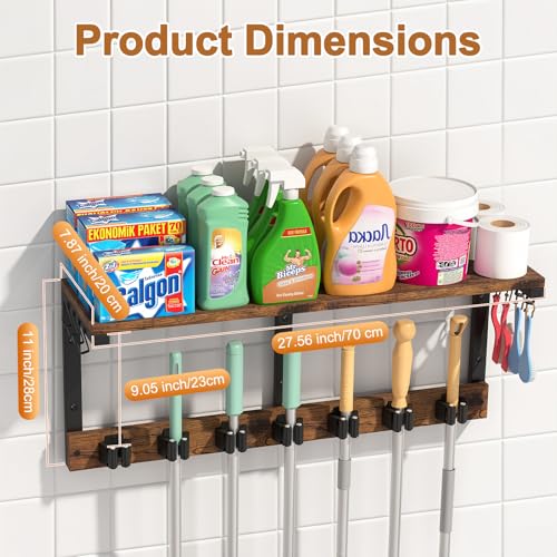 Housolution Broom Holder Wall Mount with Cleaning Supplies Organizer, 100 LBS High Load-Bearing Laundry Room Storage Shelves, Multifunctional Mop Hanger Rack with 7 Grippers & 8 Hooks - size: 1 Tier