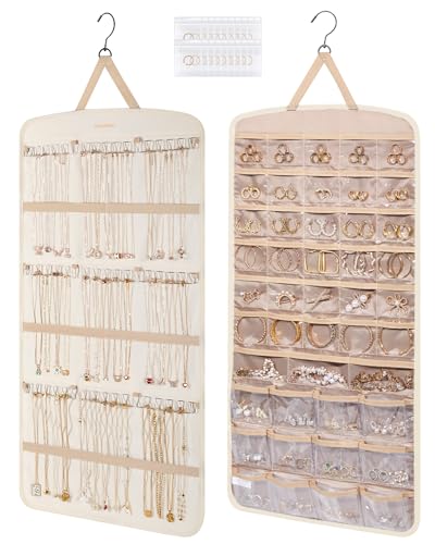 BAGSMART Hanging Jewelry Organizer, Necklace Holder Anti-tangle Earrings Rings Hanger with Pockets Hang on Closet, Wall, Door,1 Piece, Extra Large Beige - color: Beige, size: X-Large - Standard