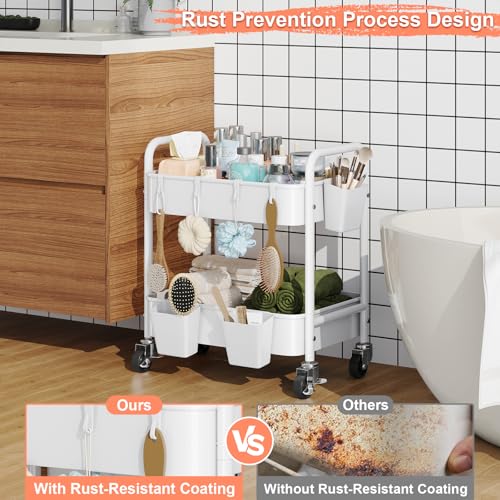 2 Tier Small Rolling Metal Cart with Wheels, White Under Desk Storage Cart on Wheels, Short Utility Roller Carts Organizer for Pantry, Bathroom, Kitchen,Office, Two Tiered Mobile Storage Shelf Trolley - color: Light White, size: 2-Tier + Cups + Hooks