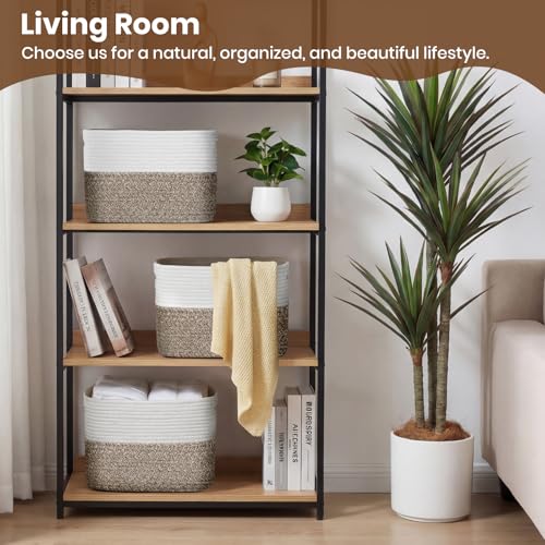 Storage Baskets for Organizing, 14 x 10 x 9” Closet Shelf Woven Baskets, Square Bins with Handles, Cotton Rope Basket for Toys, Clothes, Office, Room, White+Dark brown 3 Pack - color: White+Dark brown, size: 3pcs