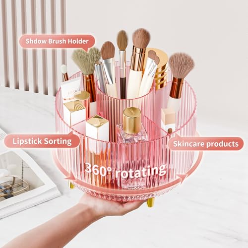 Clear Rotating Makeup Organizer Countertop for Vanity, 360° Makeup Brush Holder Organizer with 5 Compartments, Transparent Cosmetic Storage for Lipstick, Skincare, Bathroom Counter (Transparent Pink) - color: Transparent Pink